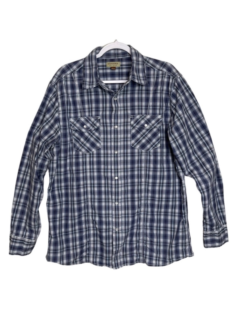Sonoma Western Pearl Snap Button Shirt 100% Cotton Blue Plaid Long Sleeve Size M
